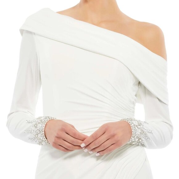 NWT MAC DUGGAL One Shoulder Long Sleeve Jersey Gown Jewel Accent White 12231 - Picture 3 of 8